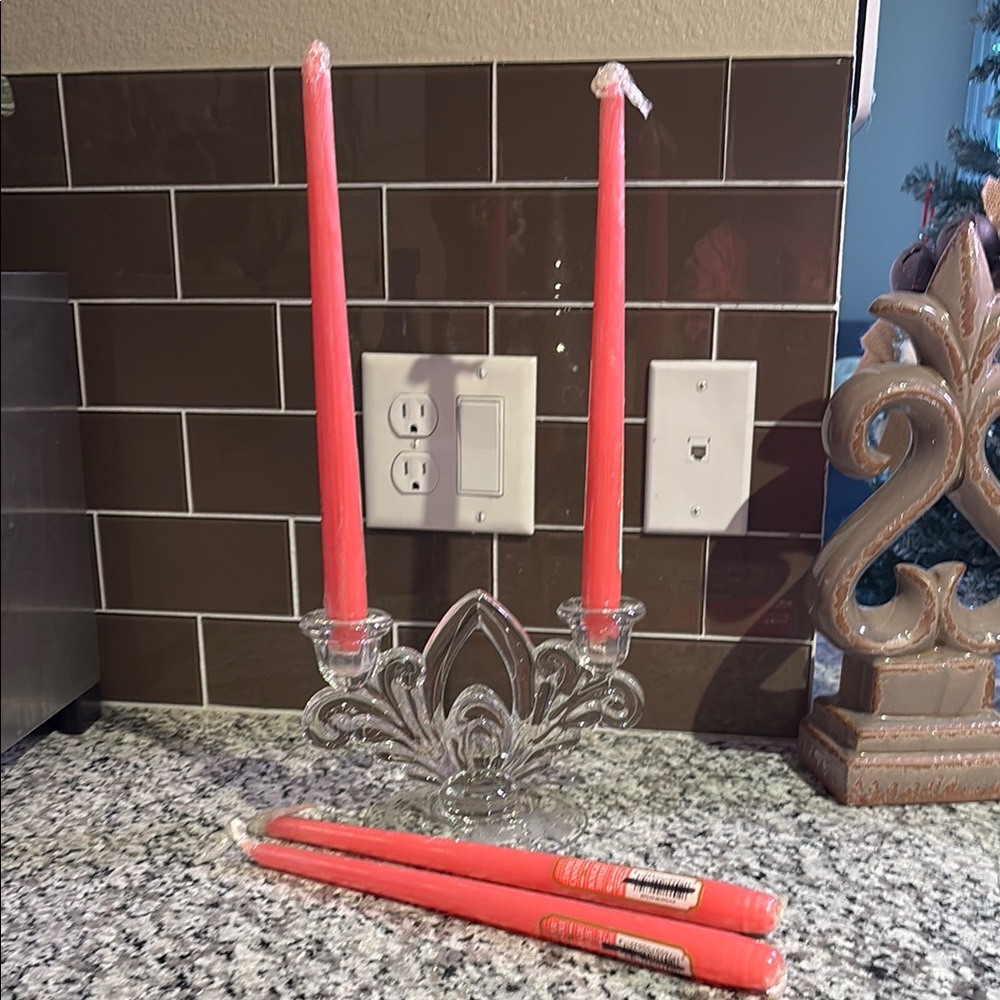 VTG Elegant Salmon colored Taper Candles and VTG Crystal Candelabra